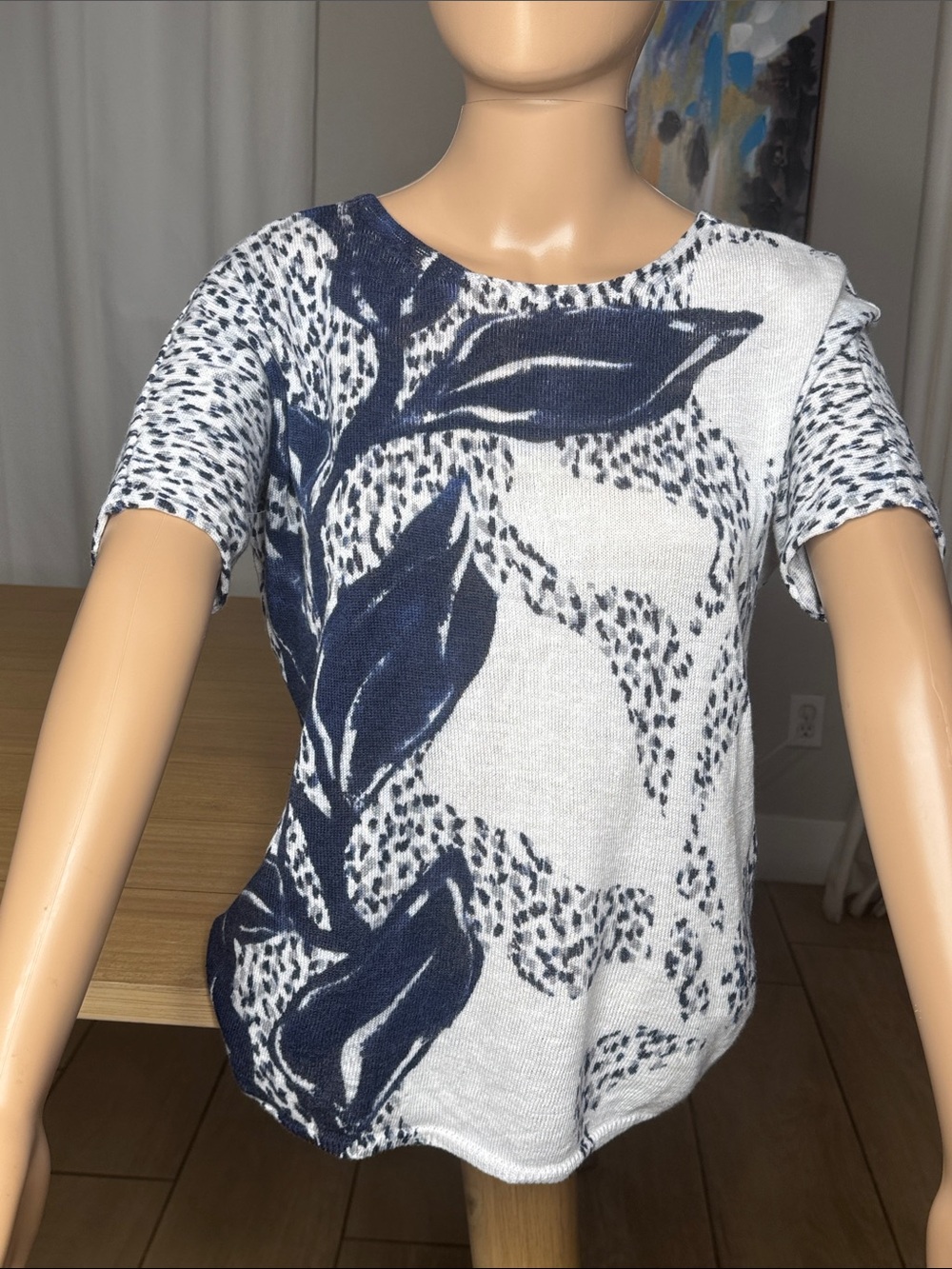 NIC+ZOE Linen Blend Floral Knit Top Size S Blue White Lightweight Sweater